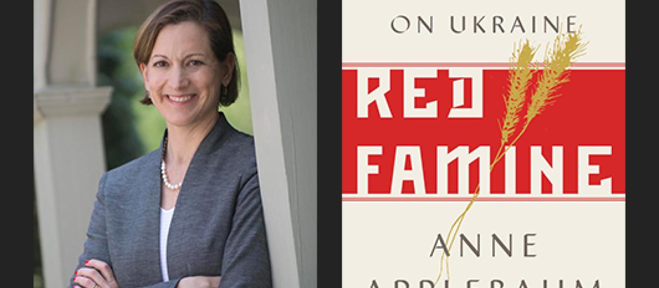 Anne Applebaum with book jacket for Red Famine