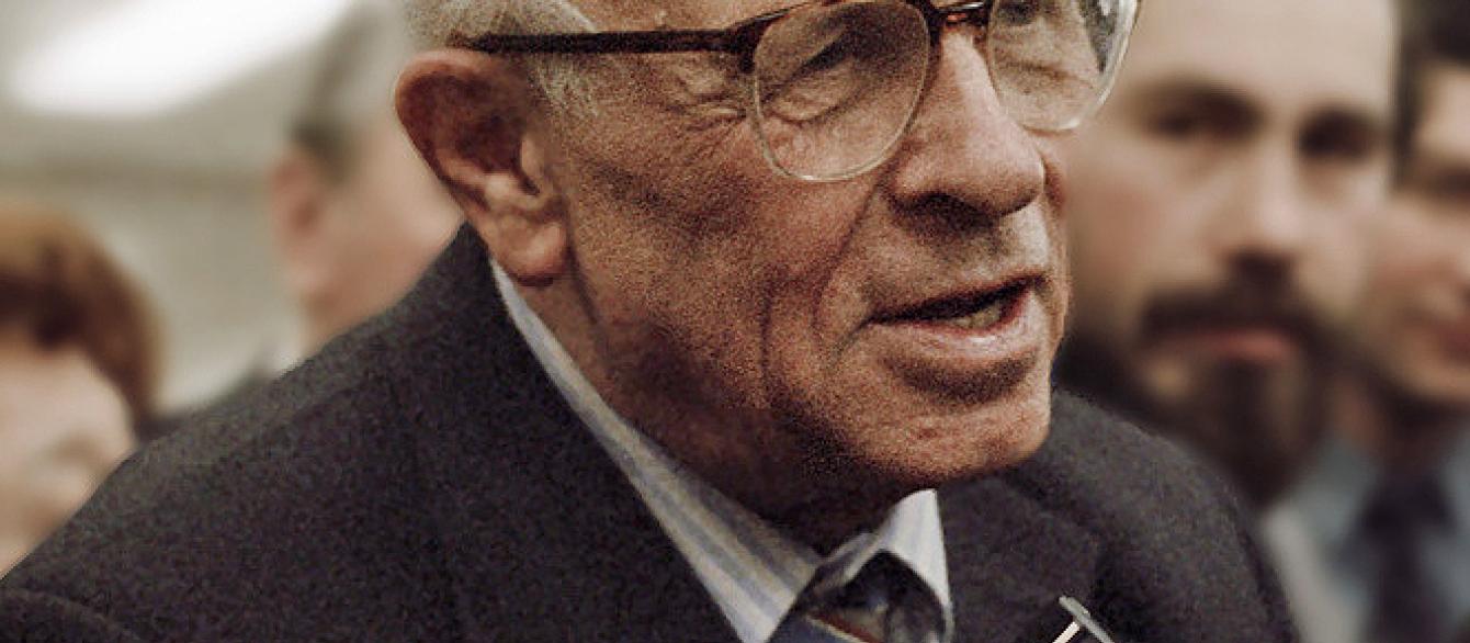 Andrei Sakharov in front of crowd and microphone