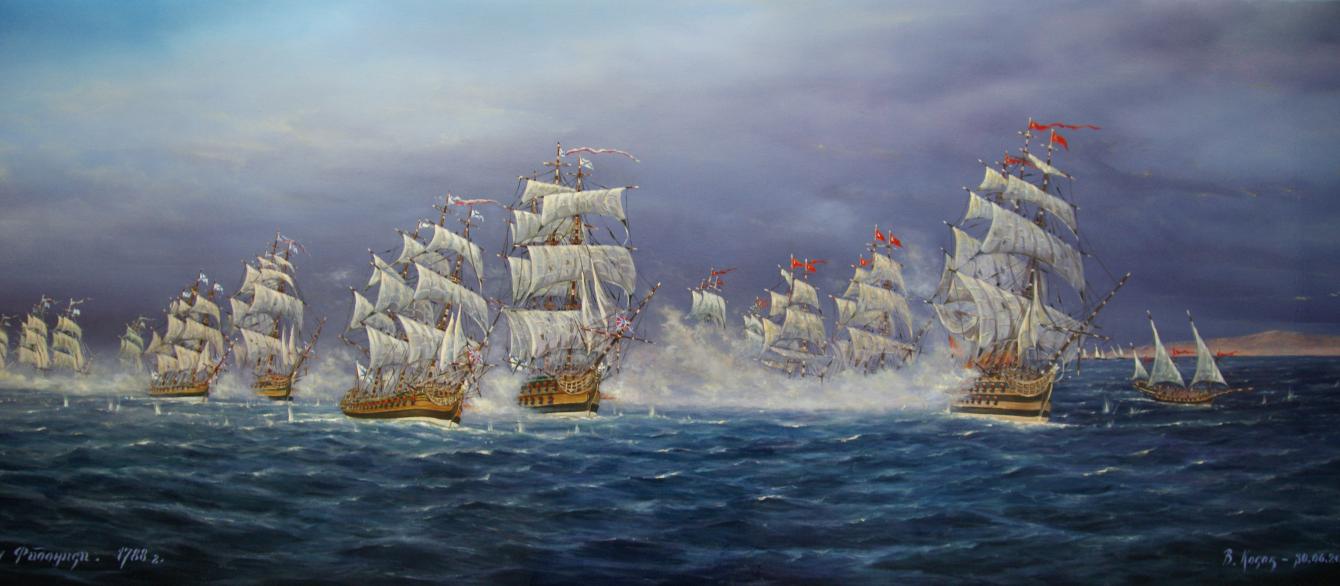 painting showing warships at sail