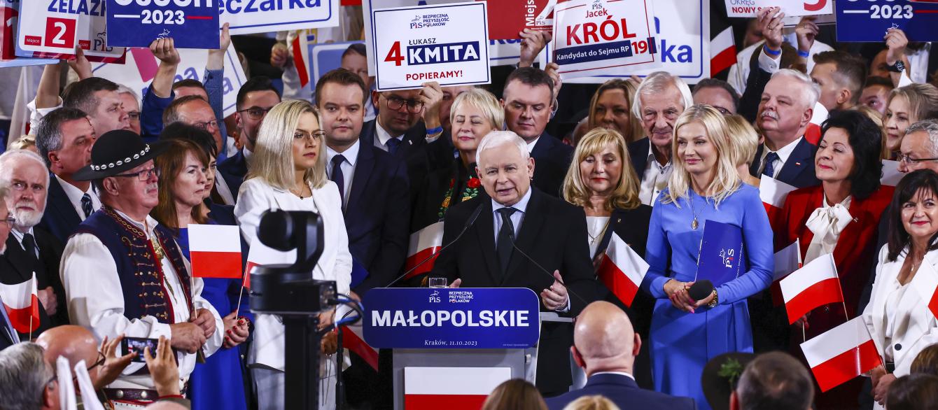 Jaroslaw Kaczynski, the leader of Law and Justice (PiS) ruling party, gives a speech during a final convention of elections campaign in Krakow, Poland on October 11, 2023. 