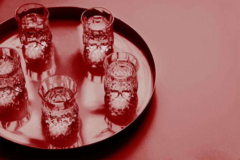 crystal vodka glasses on a tray