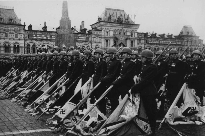 Soviet soldiers march across the Red Square with German standards seized in battles