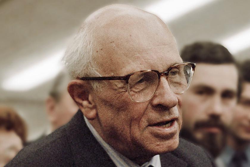 Andrei Sakharov in front of crowd and microphone