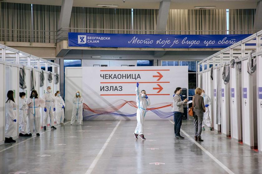 Serbian medical workers wait for patients to receive a dose of Russian Gam-COVID-VAK (trademark "Sputnik V") coronavirus vaccine at the Belgrade Fair centre turned into a vaccination centre, in Belgrade, Serbia.