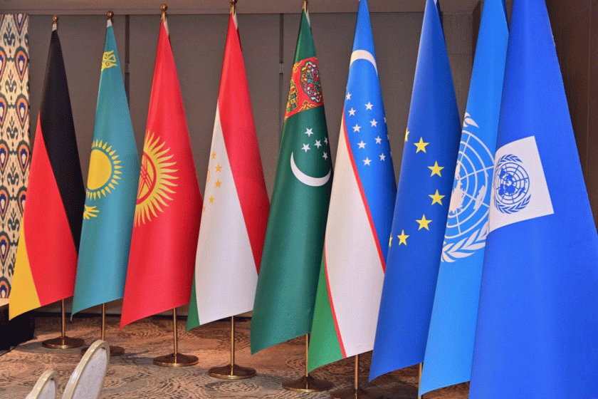 flags of Kazakhstan, Kyrgystan, Tajikistan, Uzbekistan, Germany, EU