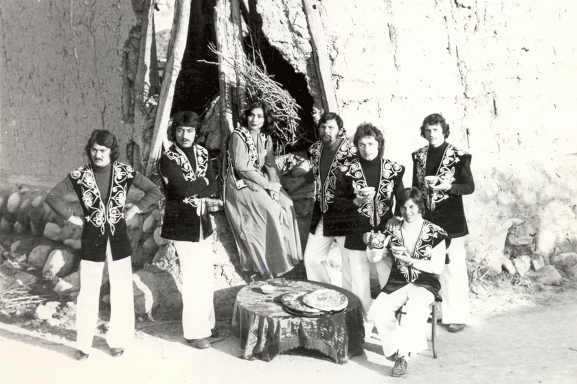 black and white phot of the band in 70s outside the tent