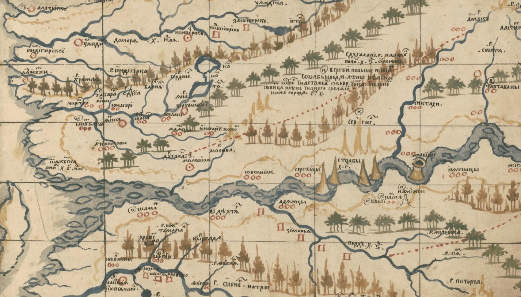wide river runs horizontally across the map with tributaries; lines of coniferous and deciduous trees shown pictorially
