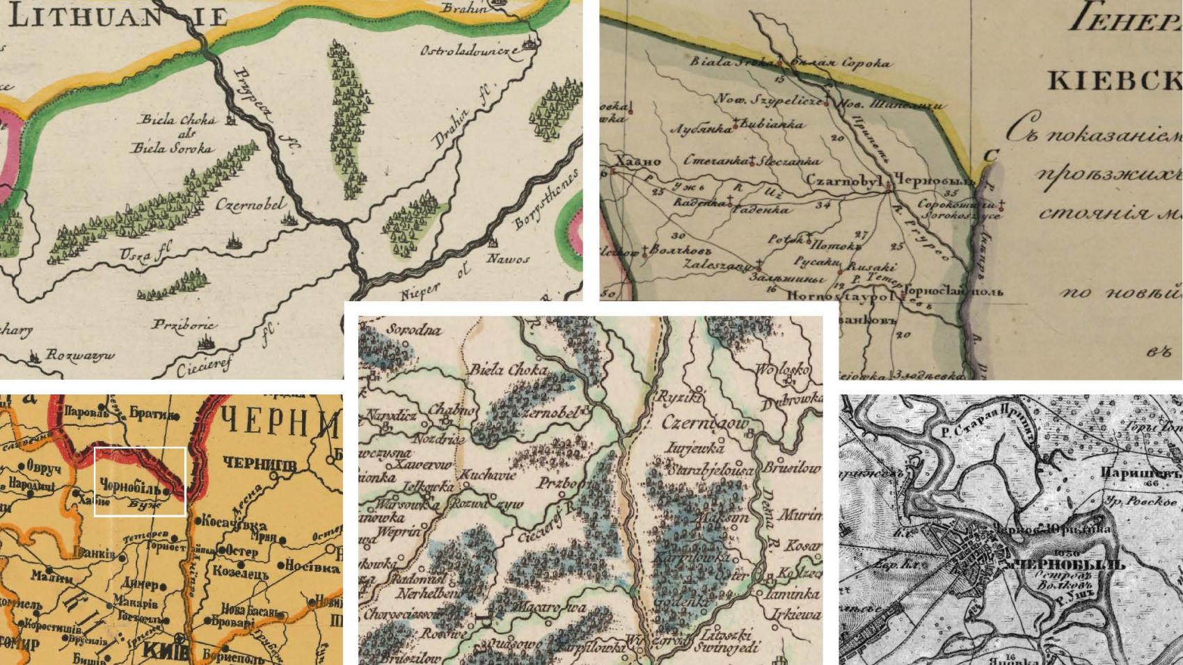 details of five historical maps of Chernobyl region