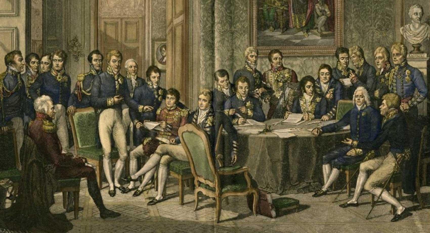 Colored engraving of 23 men at the Vienna Congress
