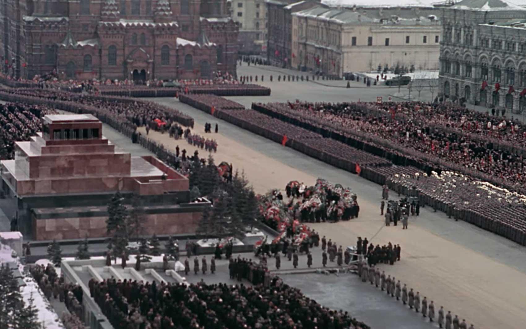 Scene from Stalin's funeral showing mausoleum on Red Square