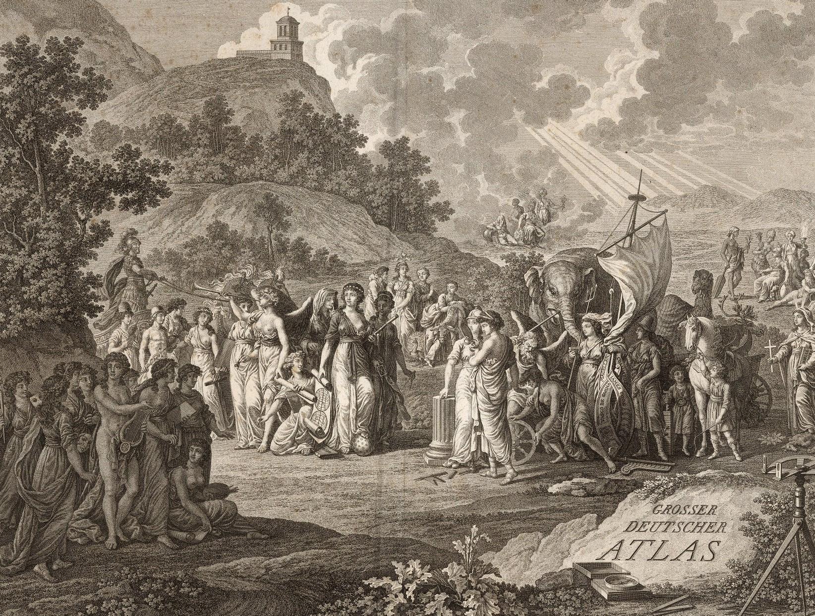 engraved scene with people and animals