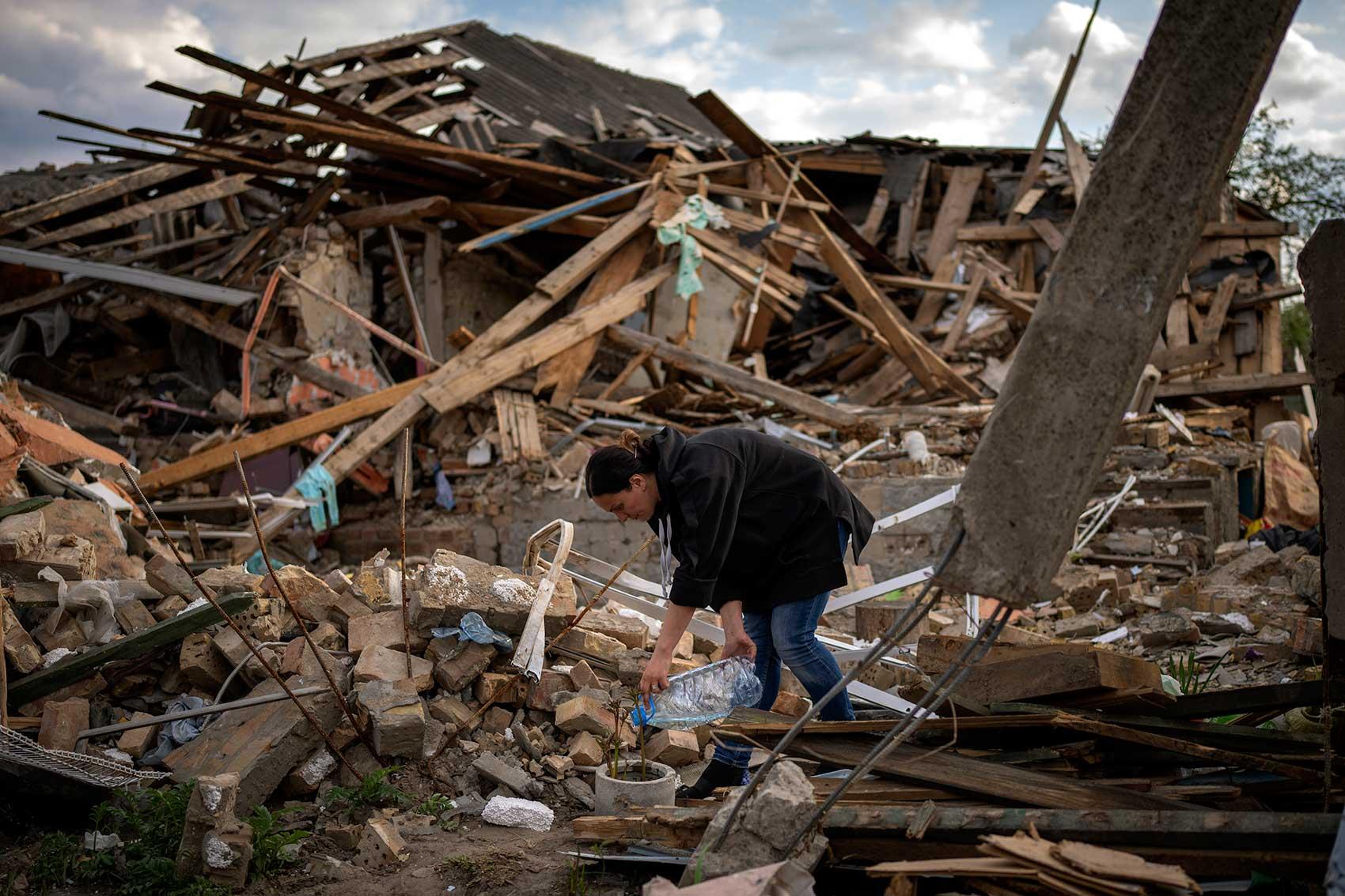 Woman waters flowers amid destroyed house