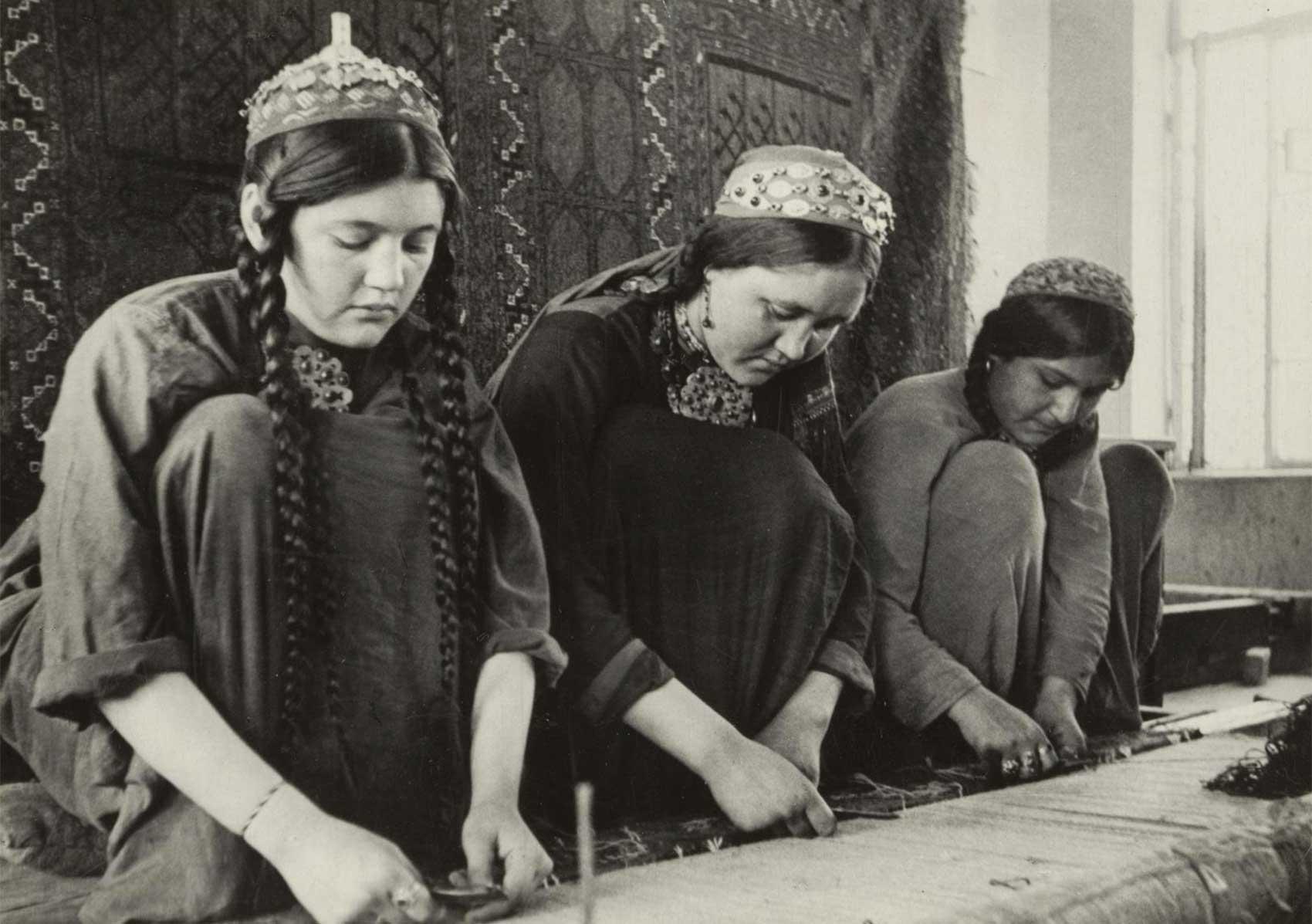 Turkmen women making carpets