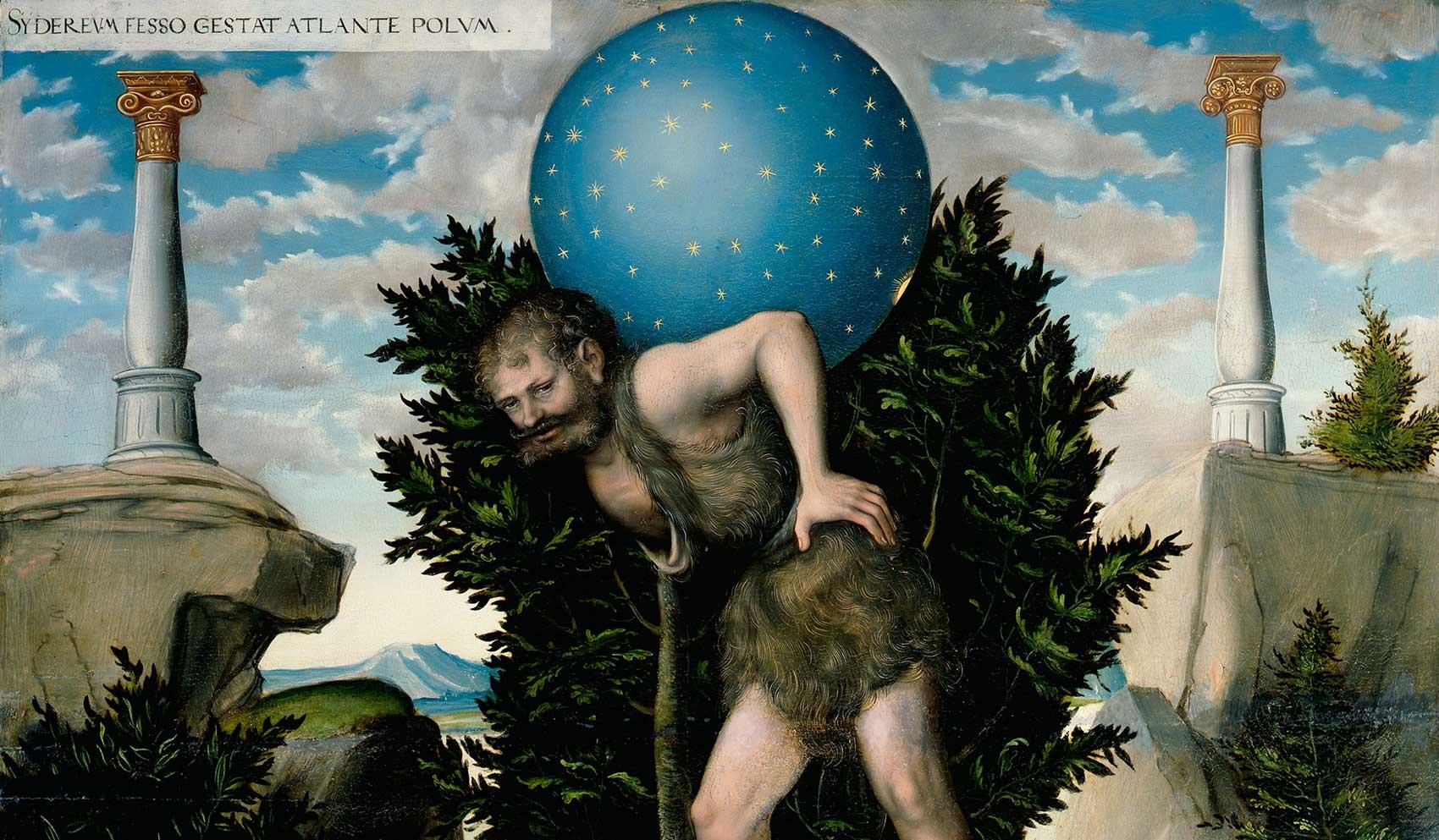 painting of man with globe on his shoulders