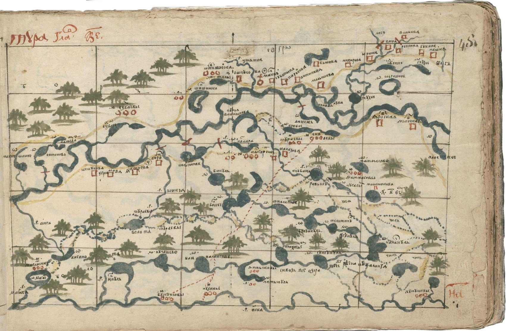 manuscript map showing rivers and forests