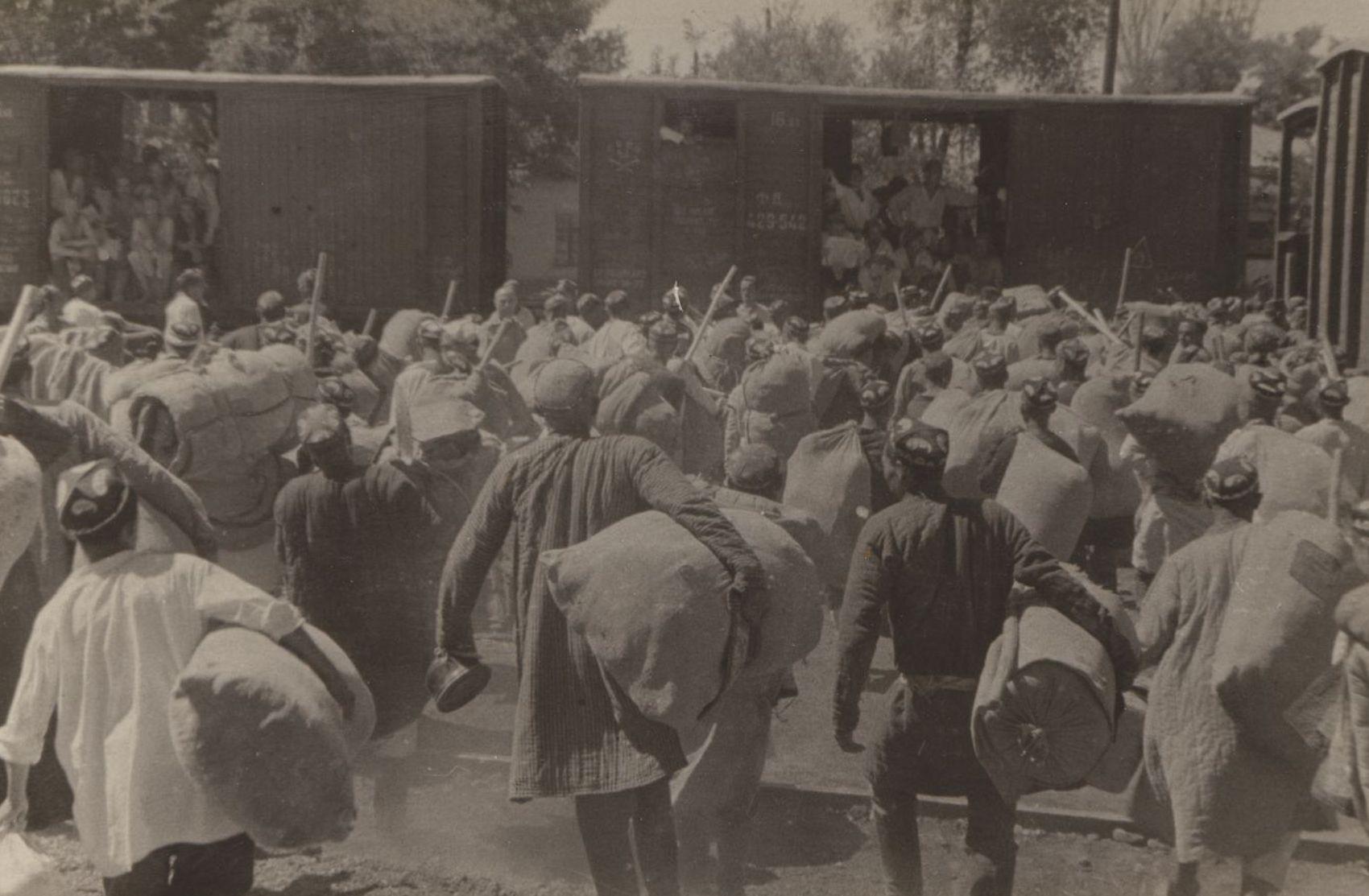Crowd of men, seen from behind, each carrying a large sack of belongings, walk toward cattle cars already crowded with passengers