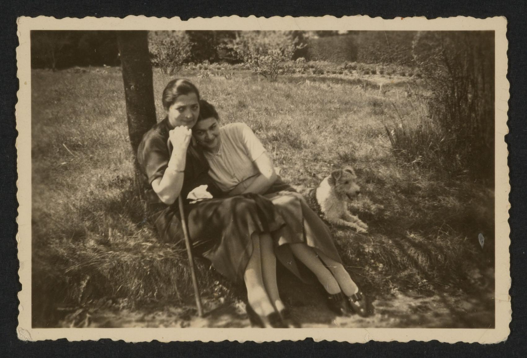 Two women sitting under a tree with a dog