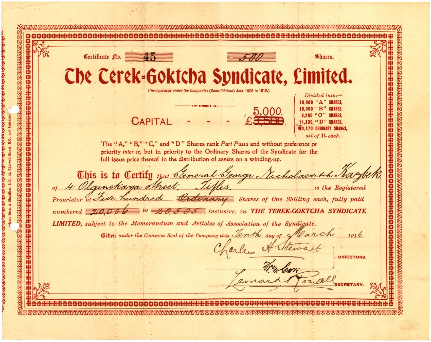 A stock certificate issued to Giorgi Kazbegi by the Terek-Goktcha Syndicate