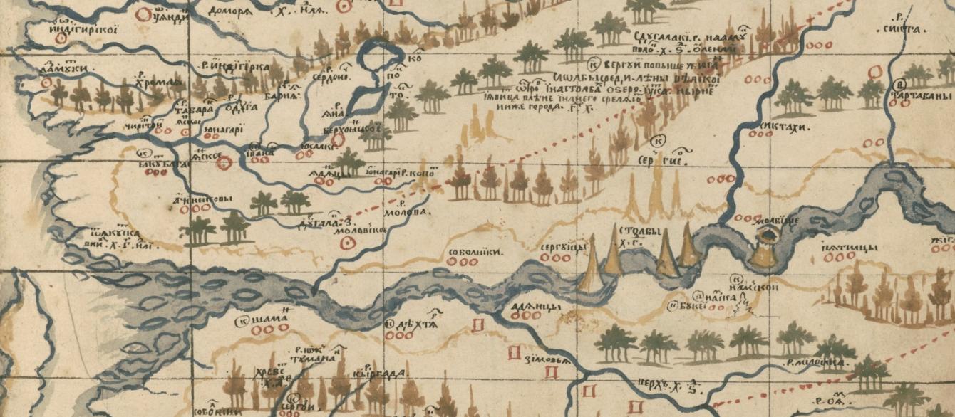 wide river runs horizontally across the map with tributaries; lines of coniferous and deciduous trees shown pictorially