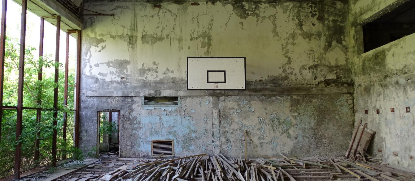 abandoned indoor basketball court
