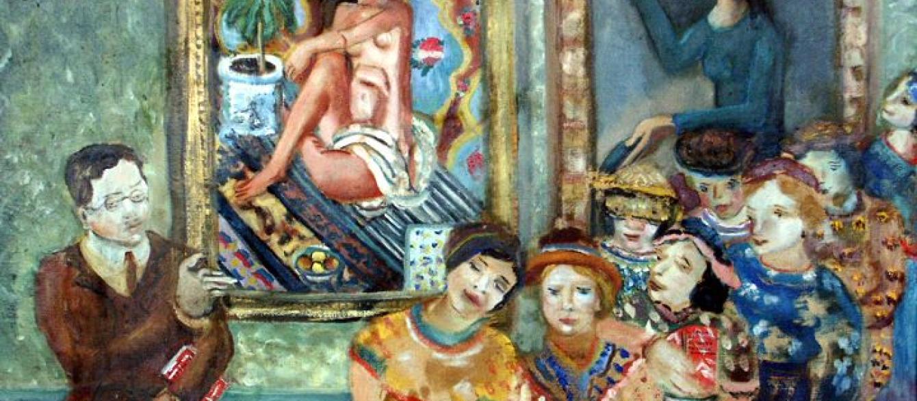 painting of people at the museum. four women seated and a man showing to the painting