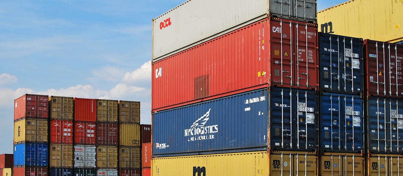 cargo shipping containers: yellow, blue, red and white