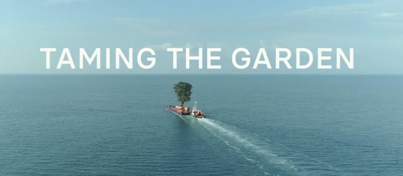 A tree on a boat in the ocean. Text reads 'Taming the Garden.'