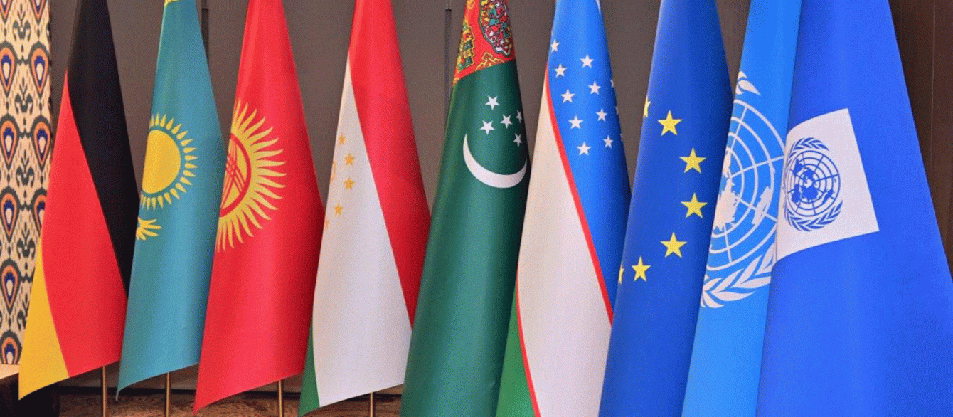 flags of Kazakhstan, Kyrgystan, Tajikistan, Uzbekistan, Germany, EU