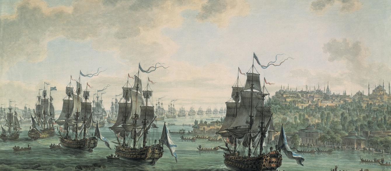 Russian fleet under the command of Admiral Fyodor Ushakov, sailing through the Bosphorus