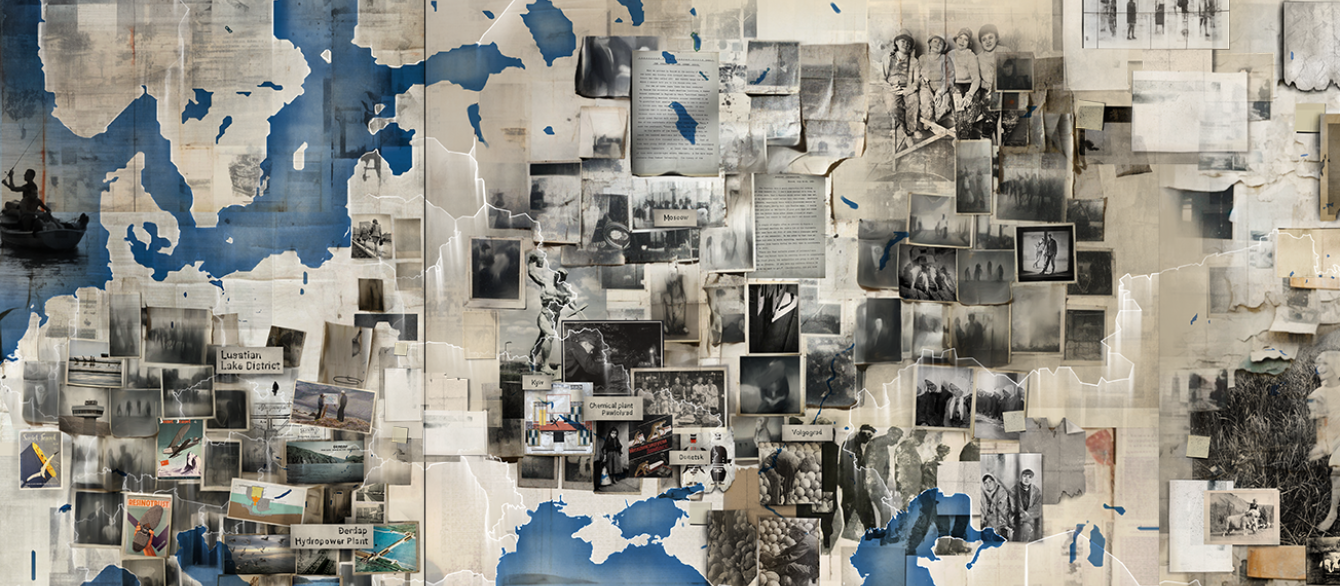 Map collage by Dasha Bough for exhibit including Sopova, Taylor-Lind, Fisher, Forde, Ekstajn and Keller.