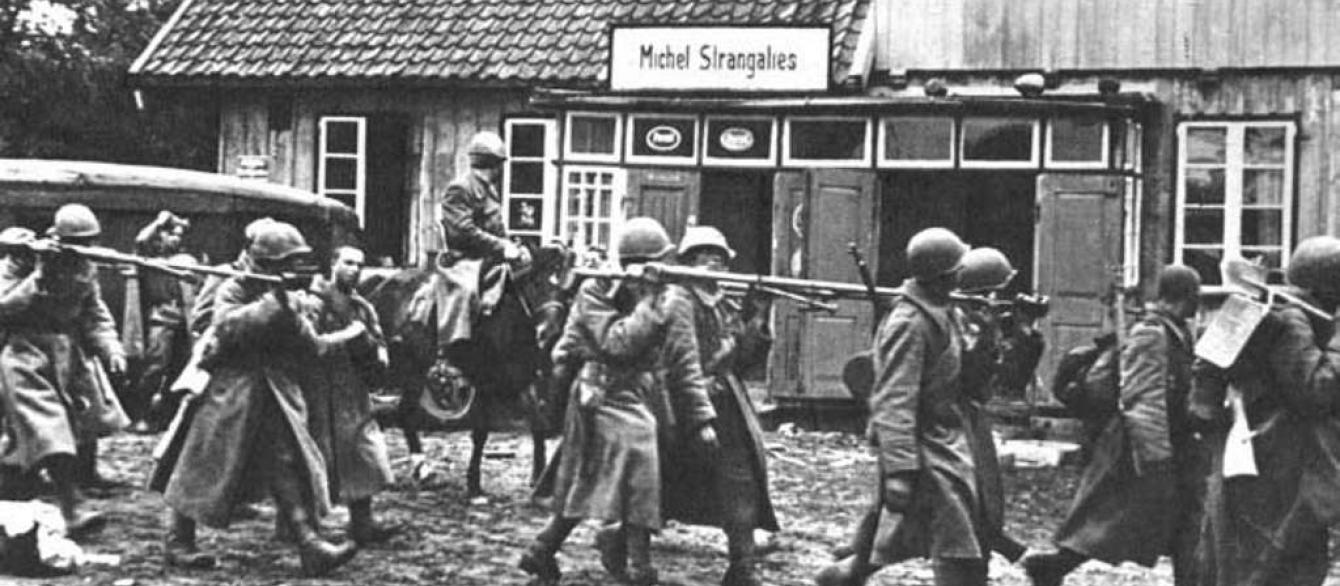 16th Rifle Division of the Red Army marching through the village of Stoniškiai, Lithuanian SSR in October 1944