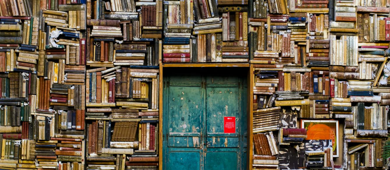 blue wooden door surrounded by book covered wall