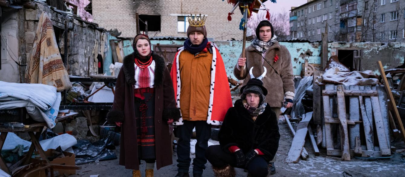 Young actors visiting eastern Ukraine to perform a Christmas play for doctors, police, soldiers, and locals in Izium, Kharkiv region, January 2023.