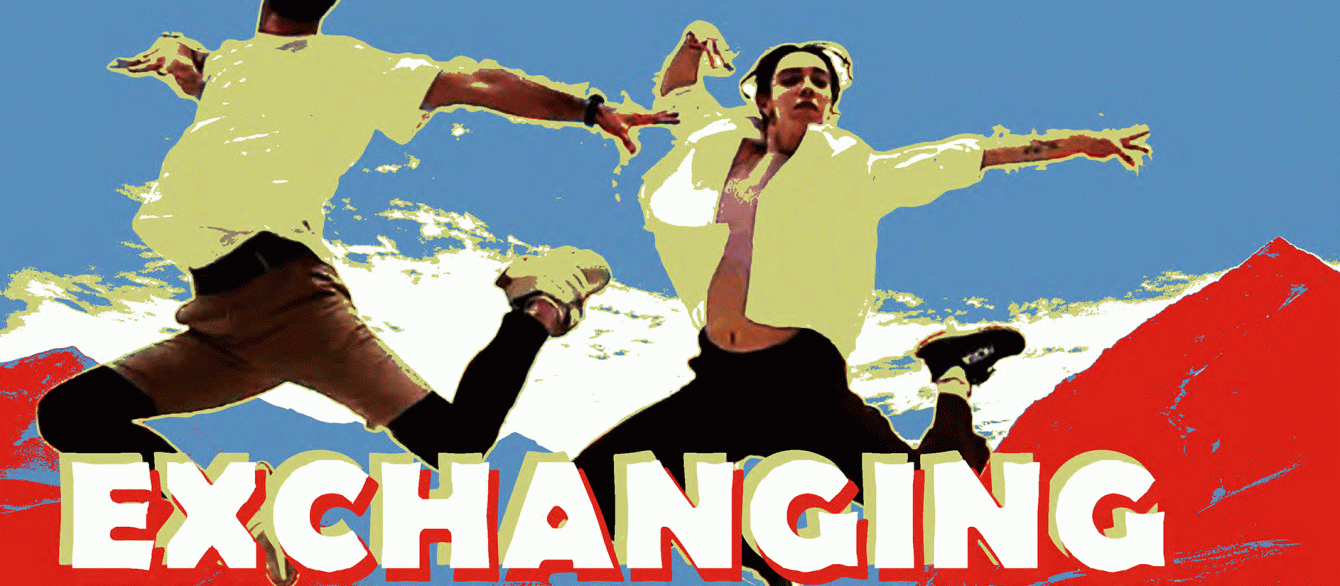 two dancers in the air, red, blue adn yellow color illustration