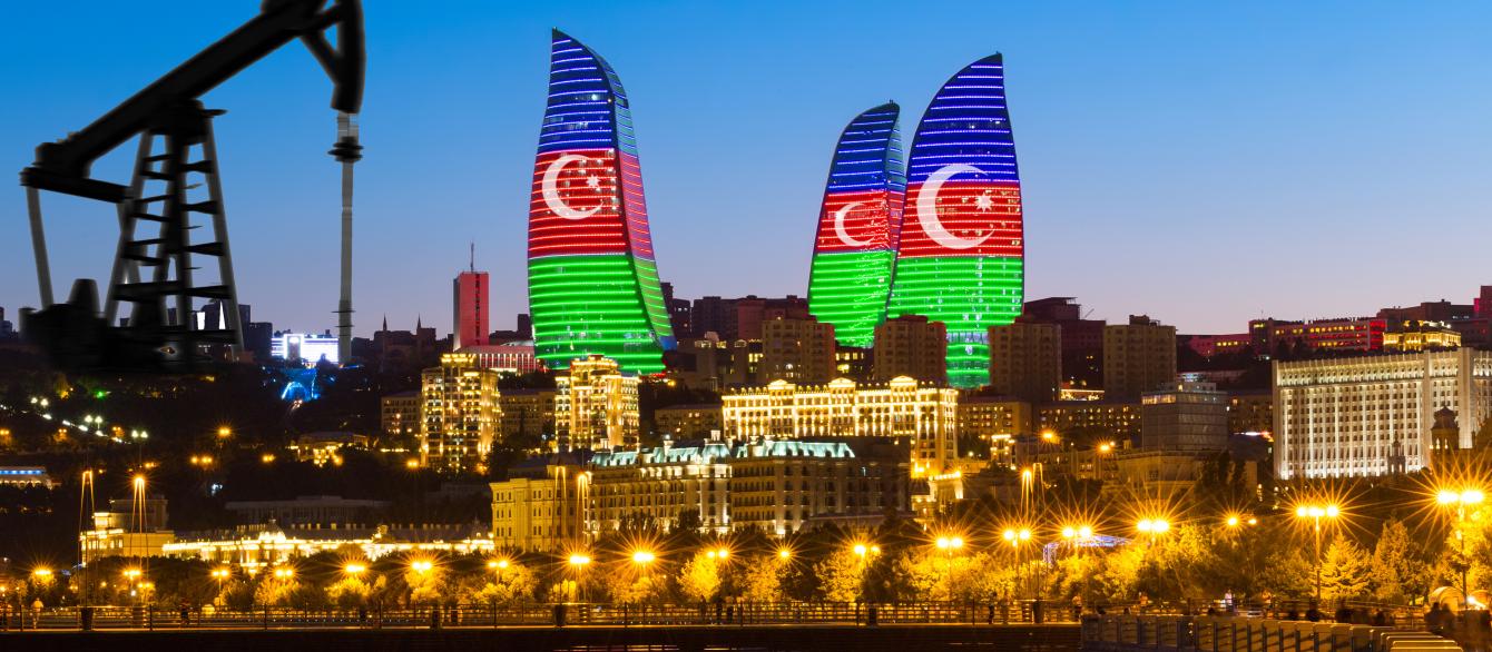 Flame Towers and oil pump - neon original backlight. National symbols of the Republic of Azerbaijan