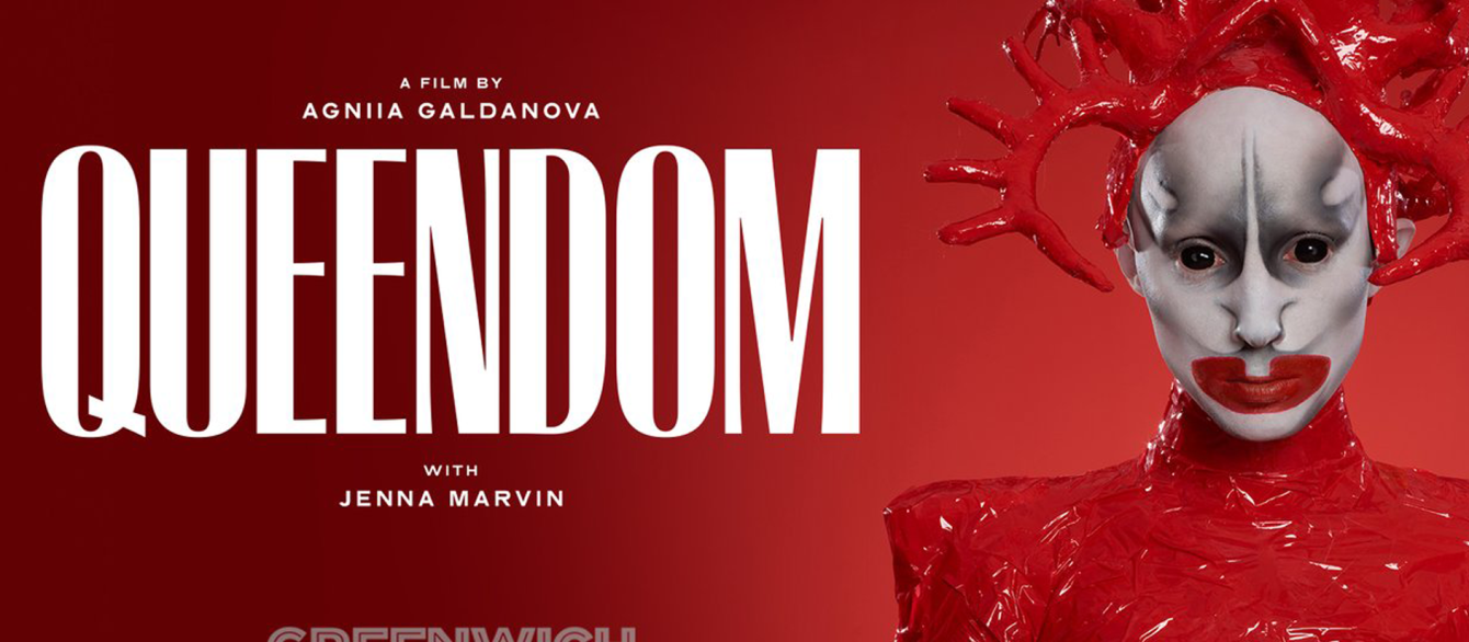 Queendom's main character, Jenna, dressed in dramatic red on the film's poster.