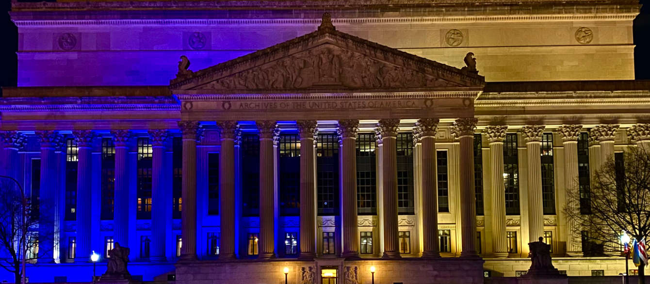 The US National Archives Building in Washington, DC, has been illuminated in blue and yellow in solidarity with the people and heritage institutions of Ukraine.
