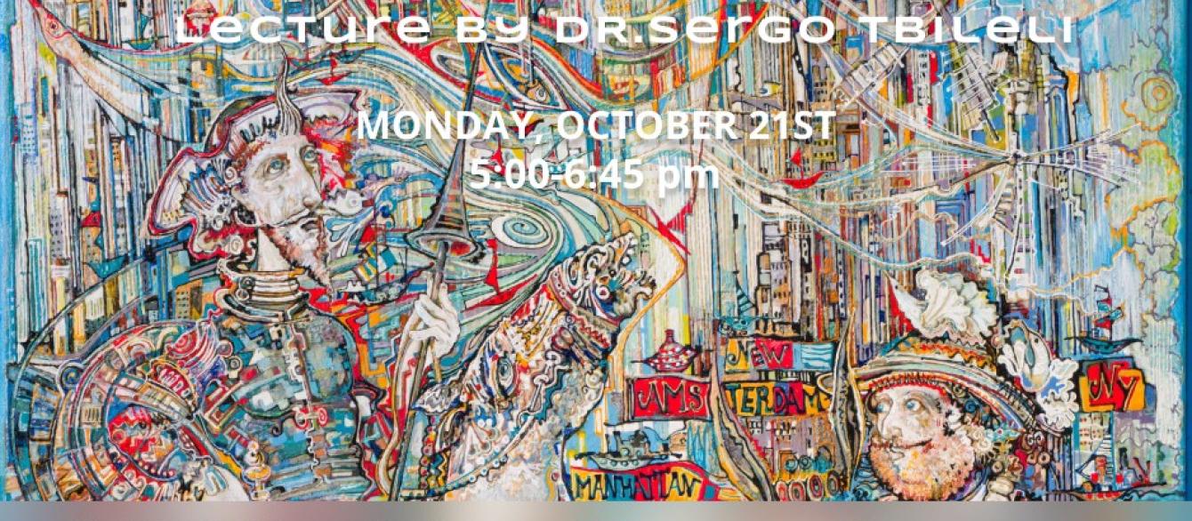 Background Image: a painting by Sergo Tbileli with incredible details and vibrant colors. Text: The Art of Vision - Lecture by Dr. Sergo Tbileli.