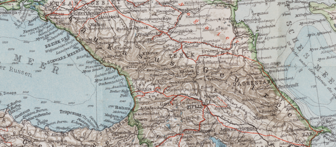 detail from a map showing sea and territory with mountain range
