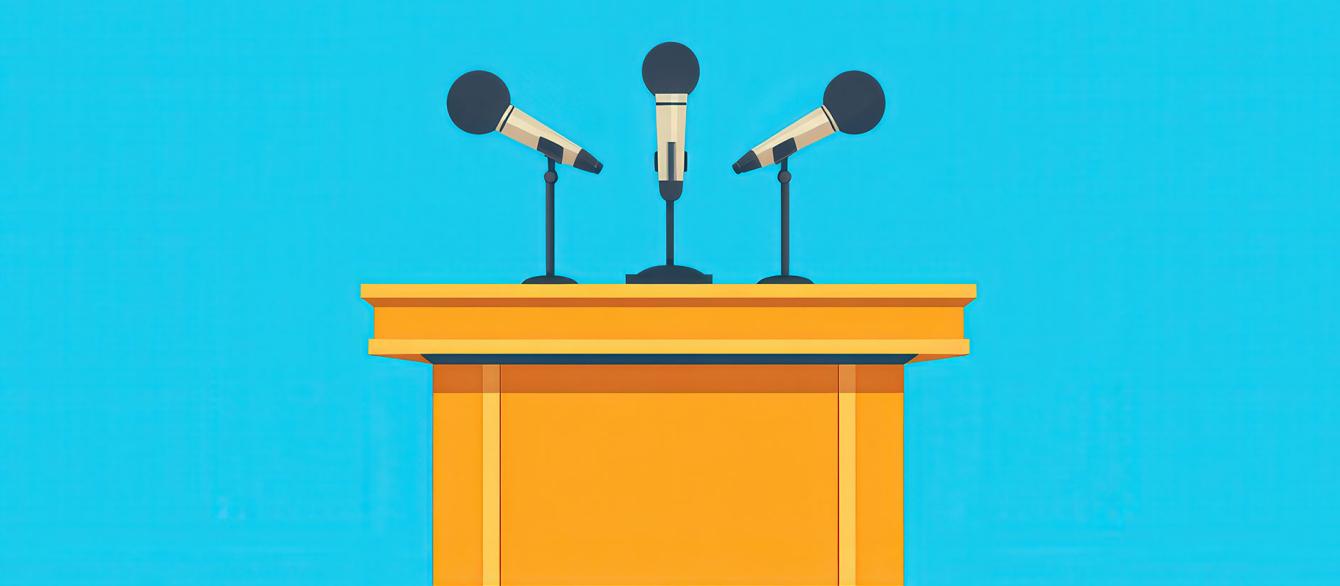 illustration of three mics and podium; blue and yellow