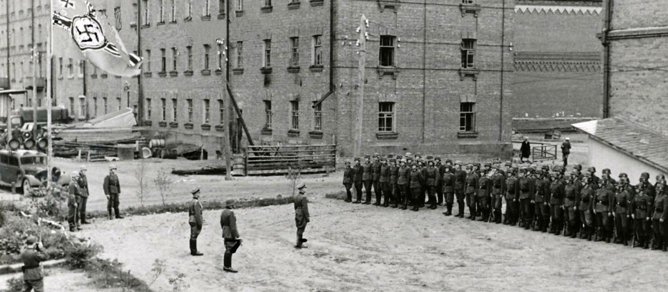 black and white photograph, with German Soldiers in Smolensk, during WWII