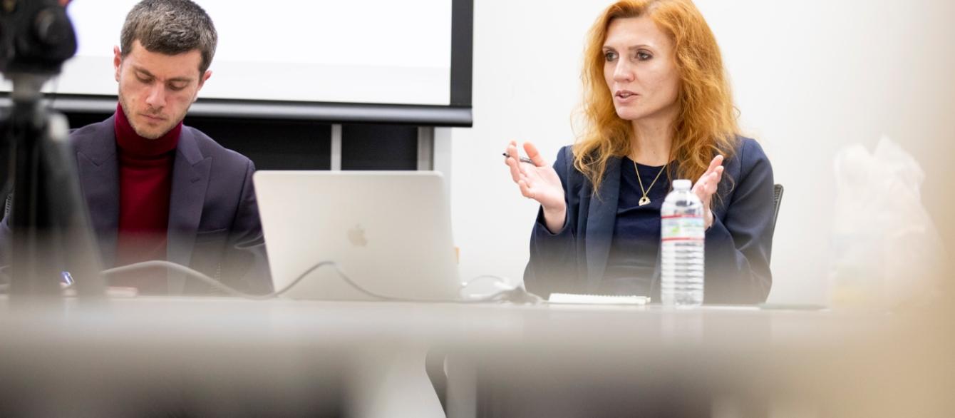 Nataliya Shpylova-Saeed (right), preceptor in Slavic Languages & Literatures, and Bohdan Tokarskyi, assistant professor of Ukrainian literature and culture, at a panel at the Davis Center for Russian and Eurasian Studies in April.
