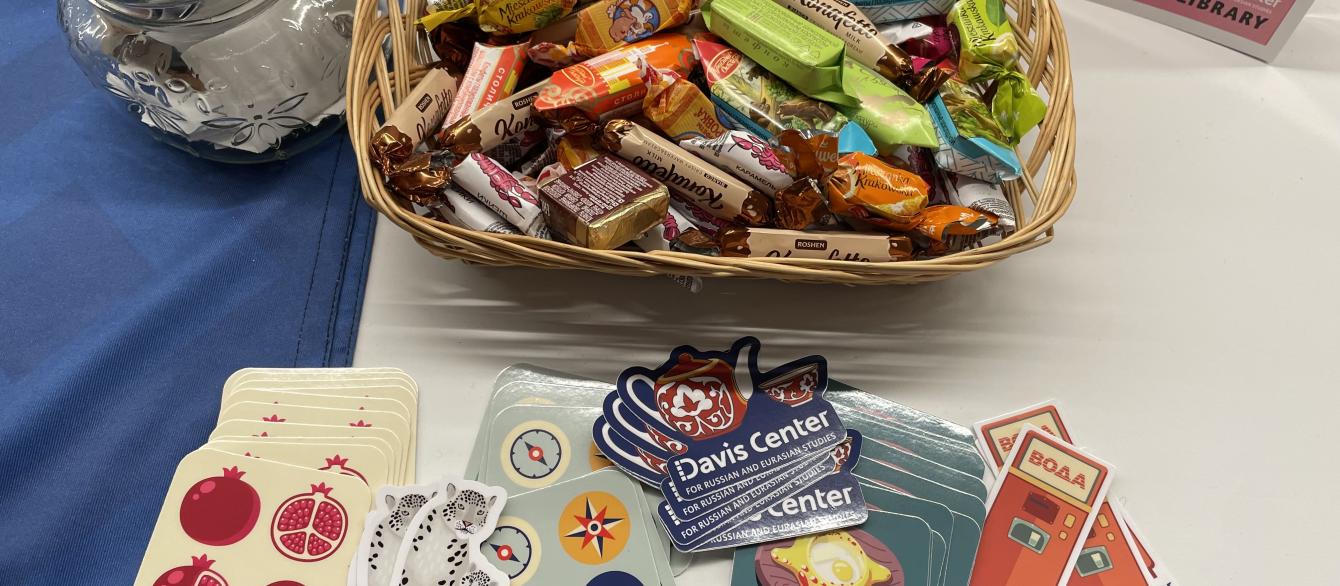 basket of candy and Davis Center stickers