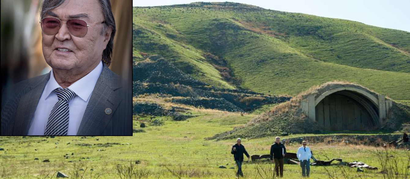 Image with two halves, one with an asian man in sunglasses on the left, other side has a rolling green landscape with three figures