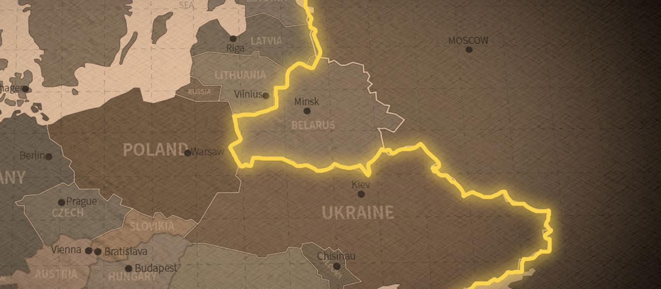 A map of Russia and Eastern Europe in brown tomes with the line separating Russia
