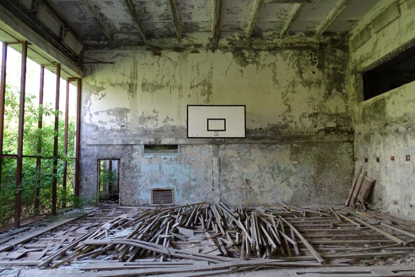 abandoned indoor basketball court