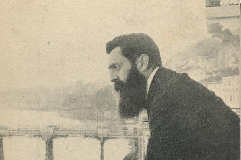 Theodor Herzl observing the Rhine from the balcony of Hotel Les Trois Rois