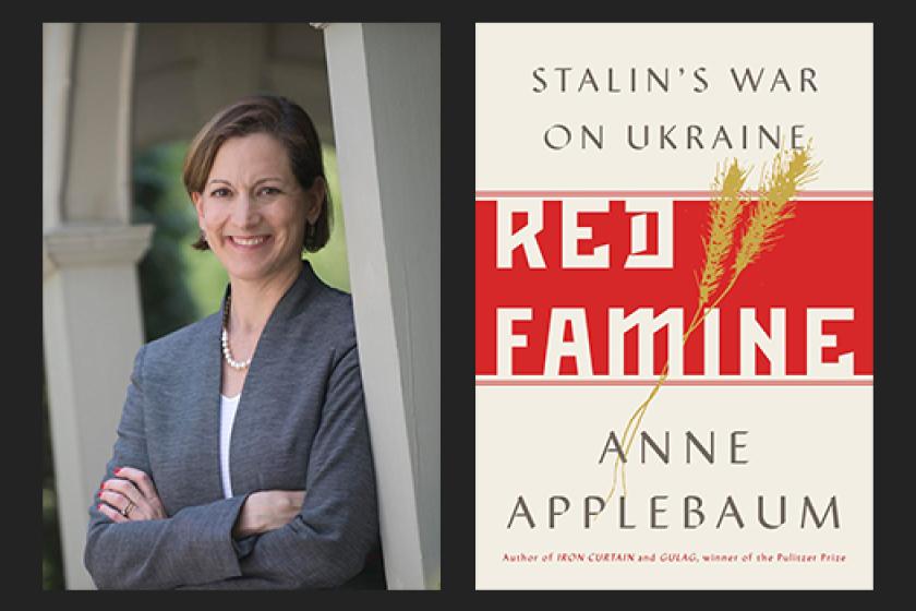 Anne Applebaum with book jacket for Red Famine