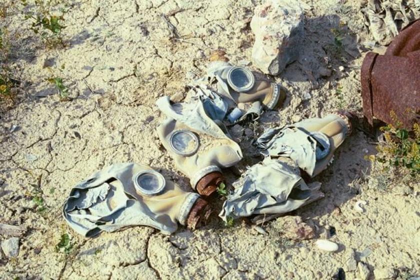 Soviet gas masks on the ground on Vozrozhdeniye Island