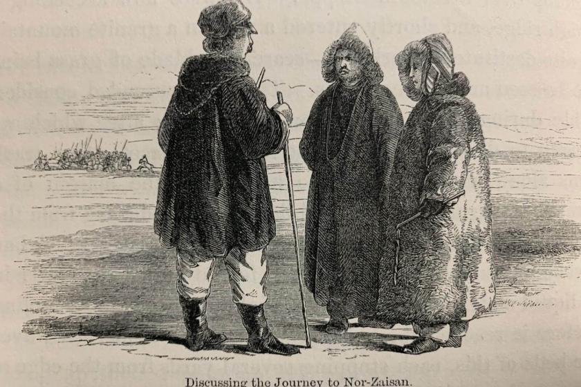 Greyscale illustration of Atkinson talking with two Kazakhs